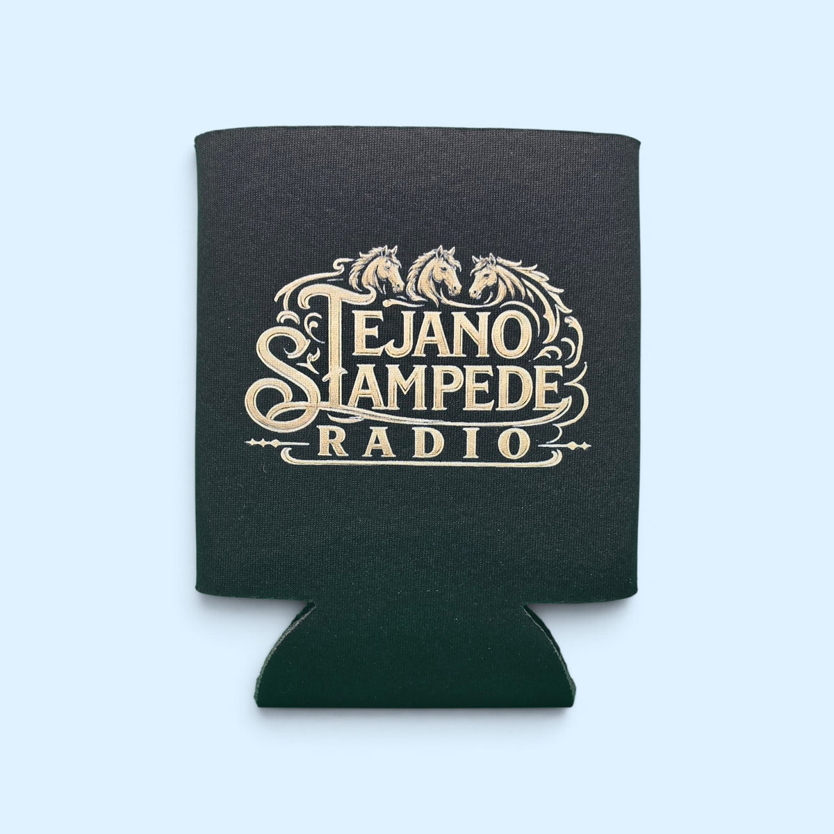 SCP Apparel black foam can cooler featuring the detailed cream-colored Tejano Stampede Radio logo with horse graphics.