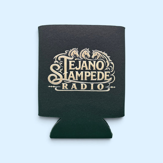 SCP Apparel black foam can cooler featuring the detailed cream-colored Tejano Stampede Radio logo with horse graphics.