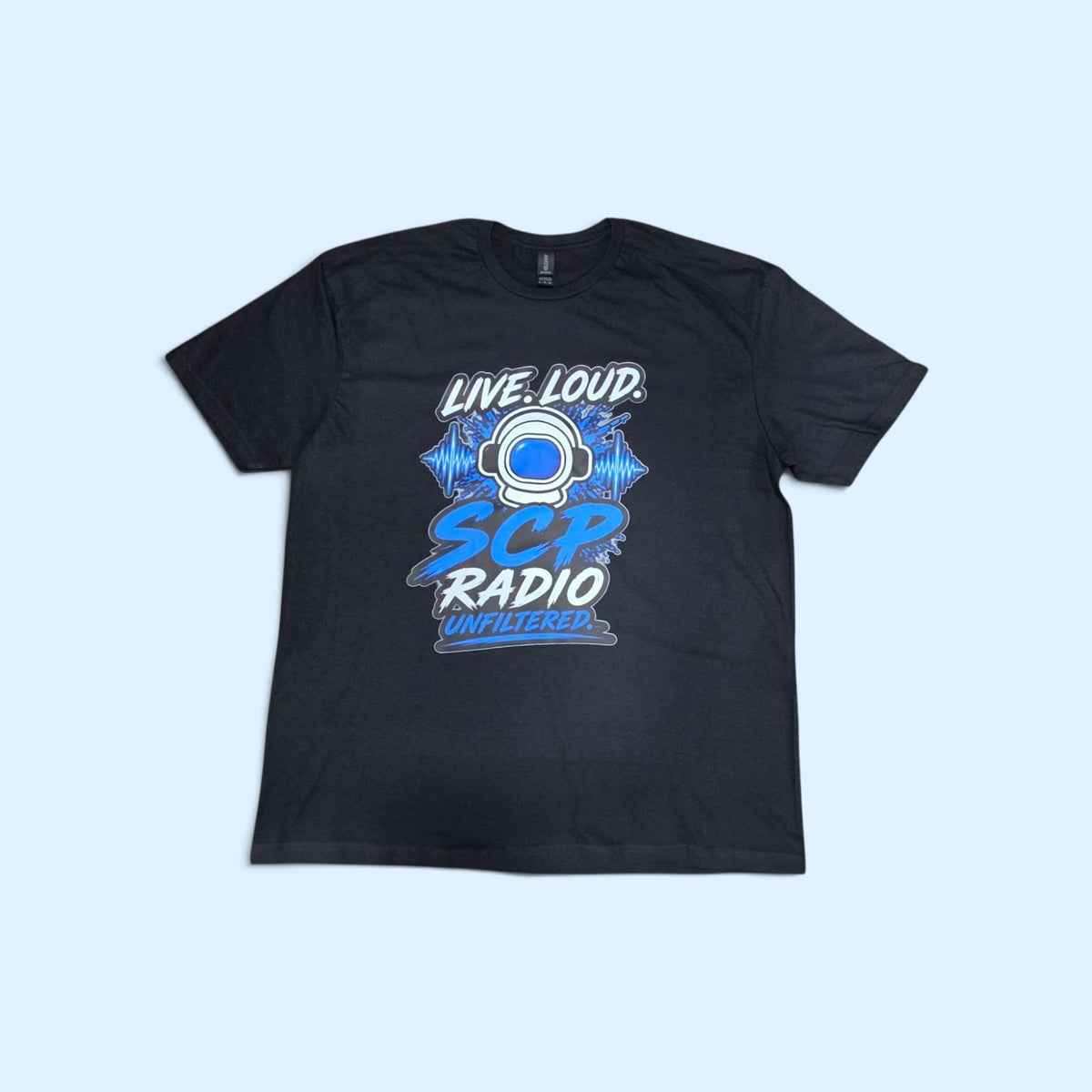 SCP Apparel black crew-neck t-shirt with a blue and white astronaut helmet and sound wave graphic design