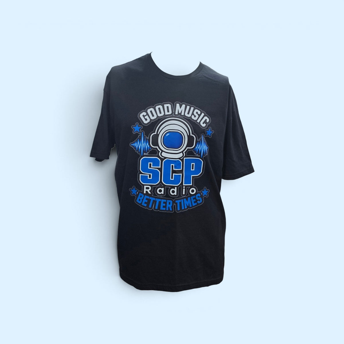 SCP Apparel black cotton crewneck t-shirt featuring a blue astronaut helmet graphic and Good Music Better Times text