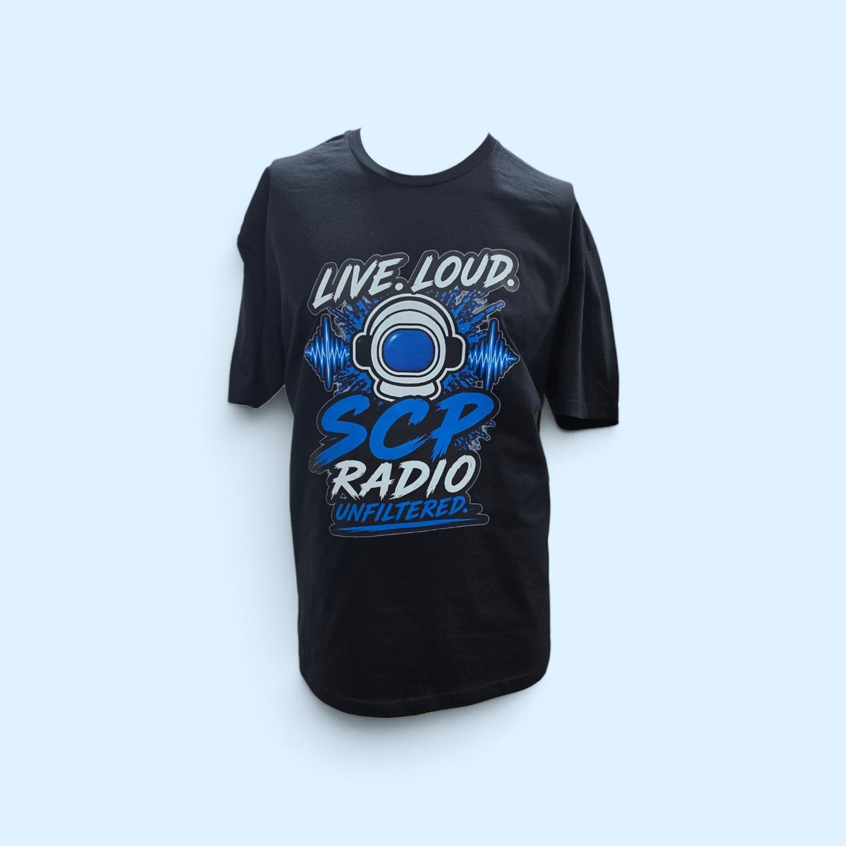 SCP Apparel black crew-neck t-shirt with a blue and white astronaut helmet and sound wave graphic design.