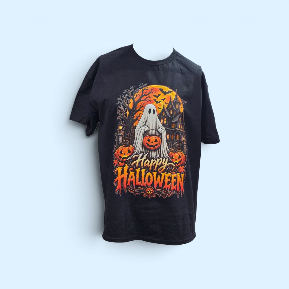 SCP Apparel black cotton crewneck t-shirt featuring a vibrant ghost, jack-o'-lantern, and haunted house graphic.