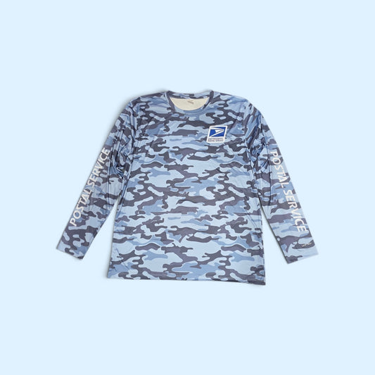 SCP Apparel blue camouflage long sleeve performance shirt with official United States Postal Service logo and branding.