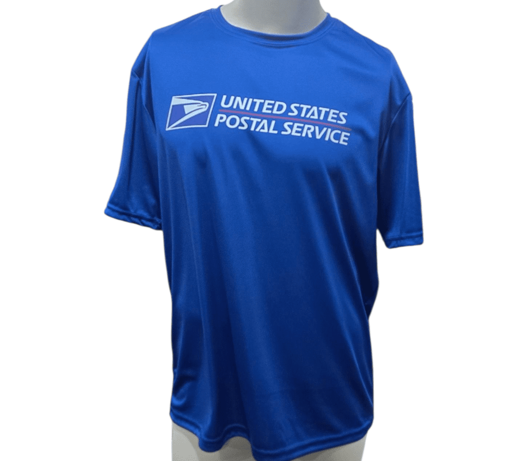 SCP Apparel blue moisture-wicking performance t-shirt with United States Postal Service logo on the chest