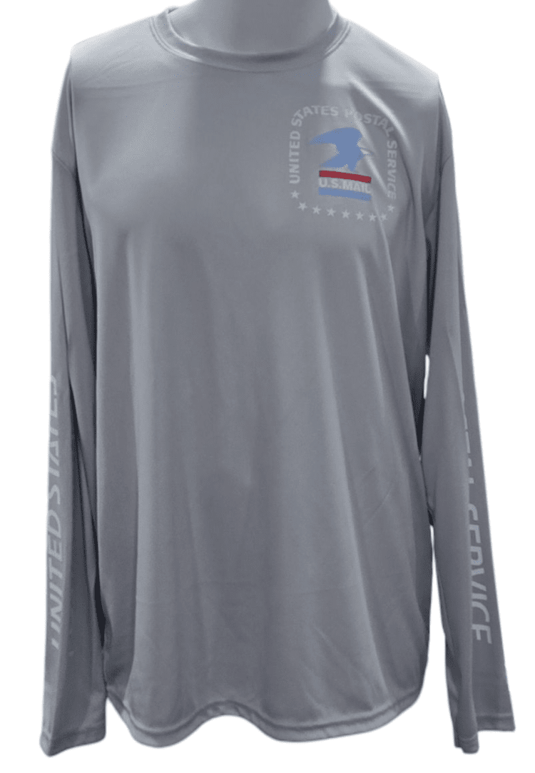 SCP Apparel grey long sleeve performance shirt with USPS logo on chest and United States Postal Service sleeve print