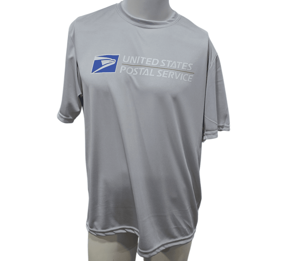 SCP Apparel grey moisture-wicking performance t-shirt featuring the United States Postal Service logo on the chest.
