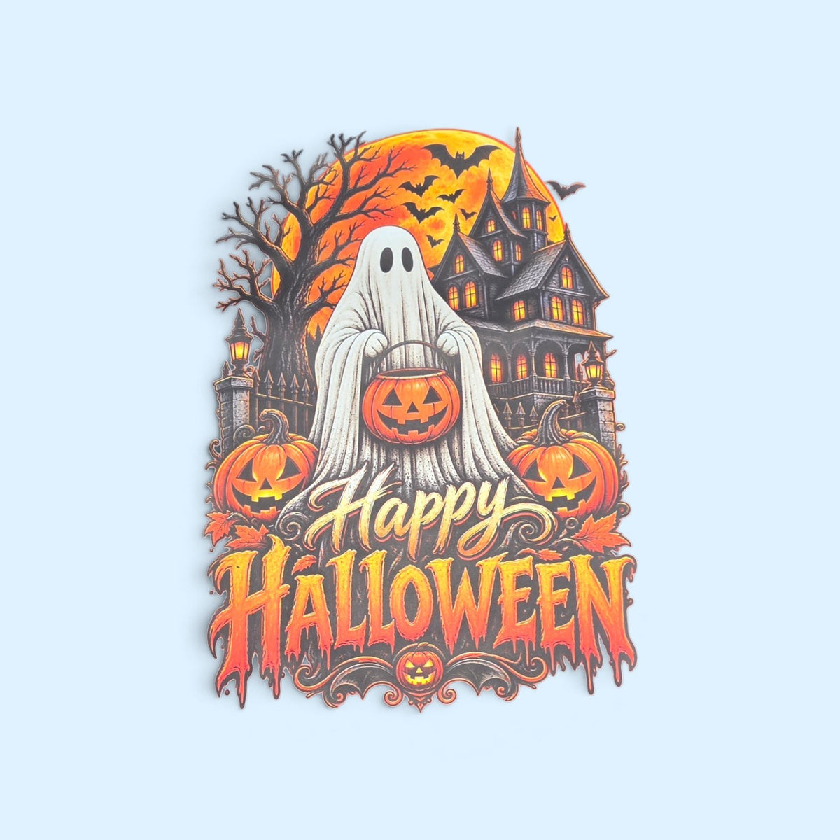 SCP Apparel black cotton crewneck t-shirt featuring a vibrant ghost, jack-o'-lantern, and haunted house graphic print.