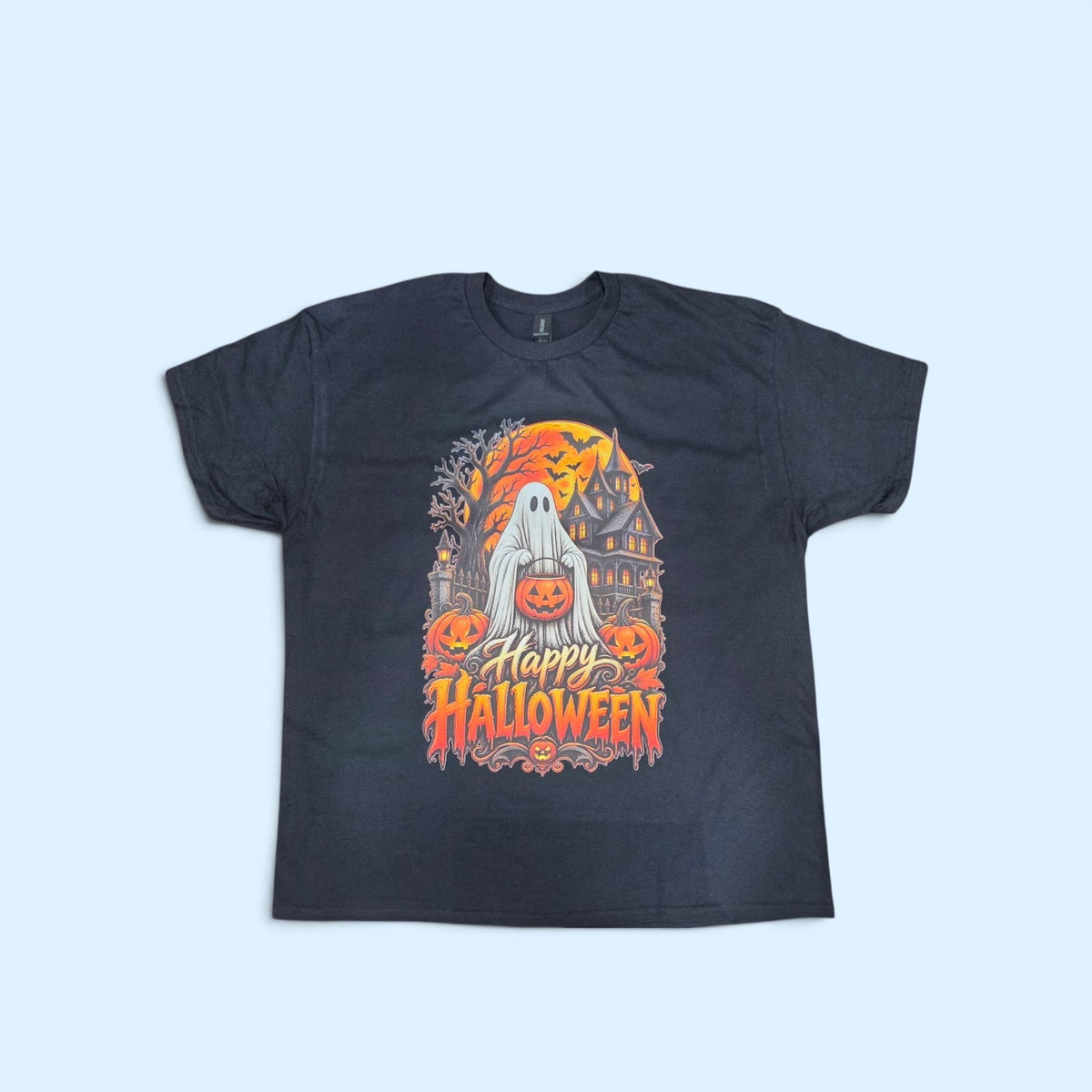 SCP Apparel black cotton crewneck t-shirt featuring a vibrant ghost, jack-o'-lantern, and haunted house graphic.