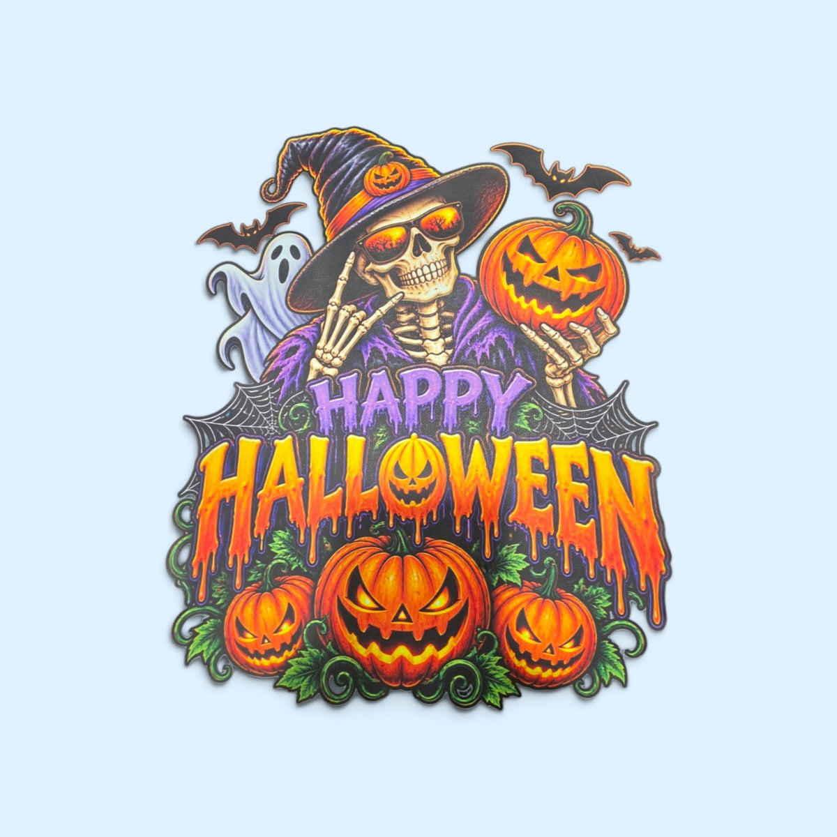 SCP Apparel Happy Halloween graphic featuring a skeleton in a witch hat and sunglasses with pumpkins and ghosts