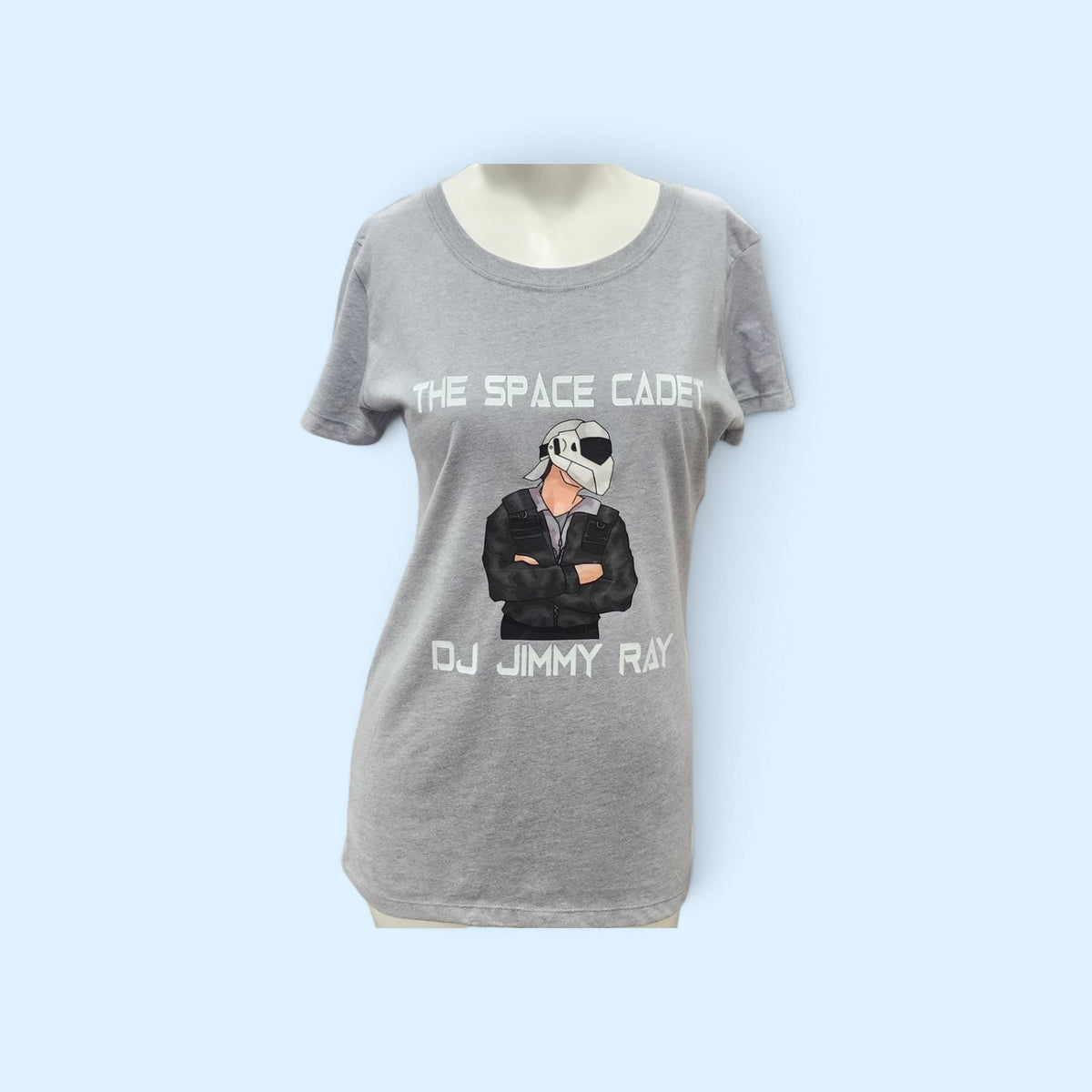 SCP Apparel heather grey cotton-blend crewneck t-shirt featuring The Space Cadet DJ Jimmy Ray sci-fi graphic print.