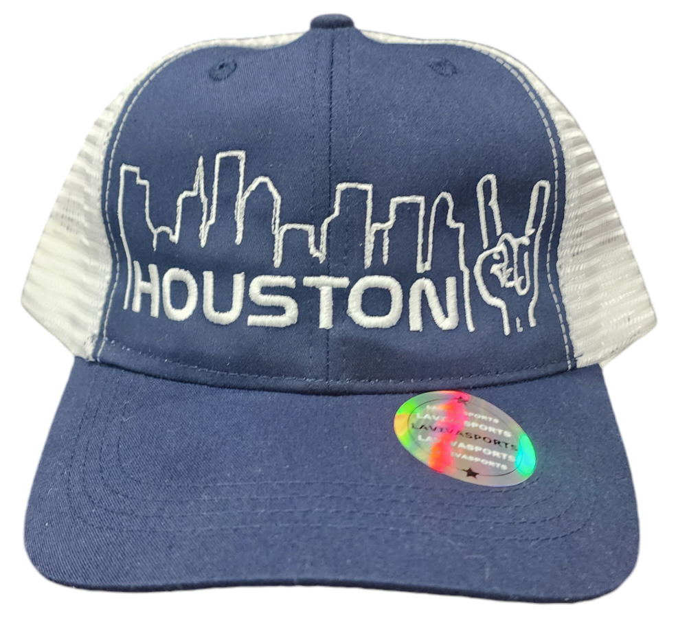 SCP Apparel navy blue trucker hat with white mesh back and embroidered Houston skyline and hand sign graphic