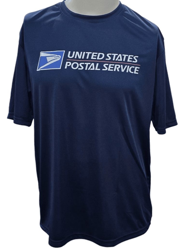 SCP Apparel navy blue moisture-wicking performance t-shirt featuring the United States Postal Service logo on the chest