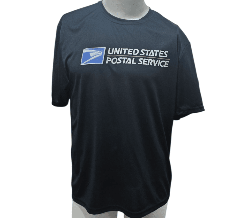 SCP Apparel navy blue moisture-wicking performance t-shirt with United States Postal Service logo on the chest