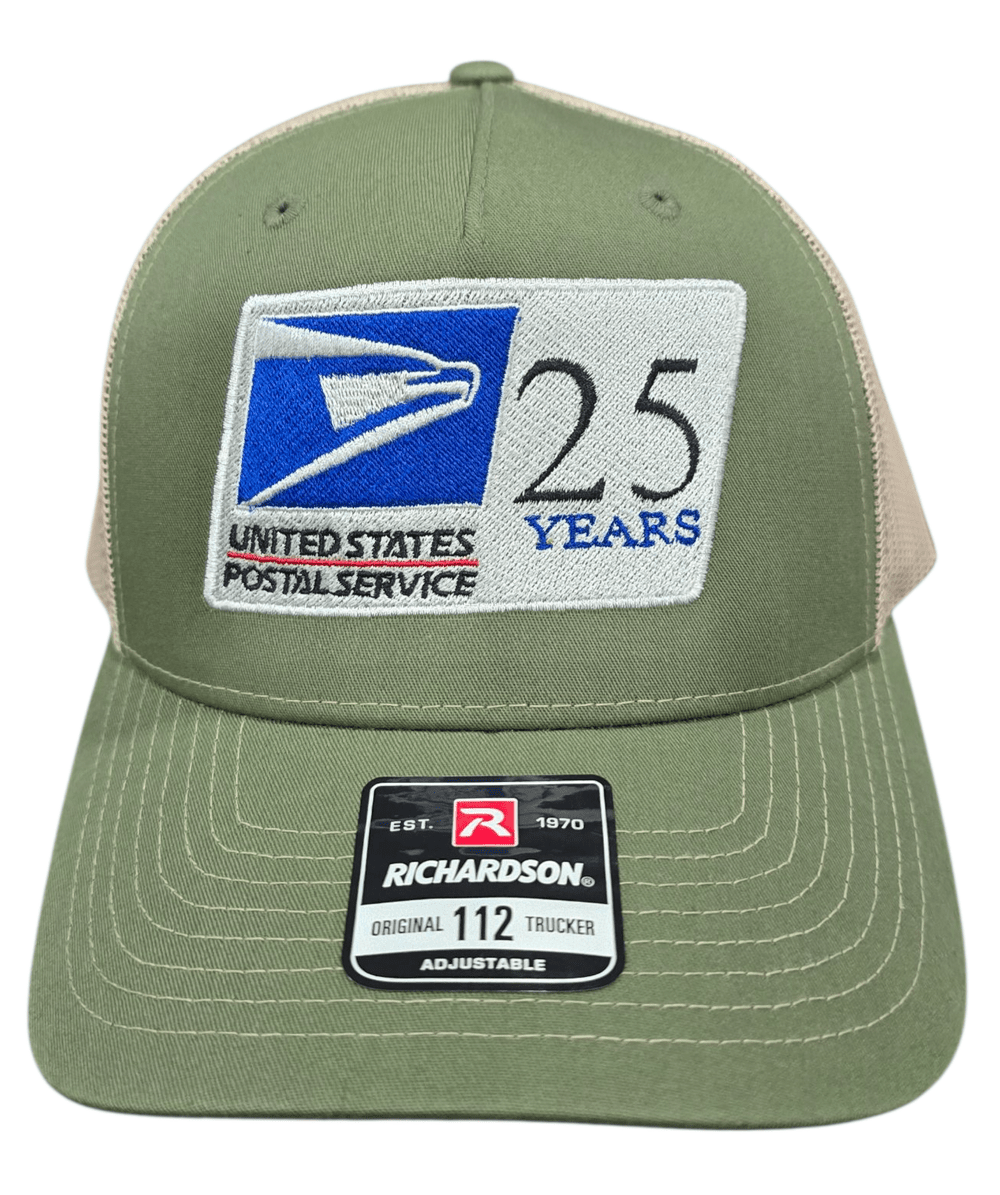 SCP Apparel olive green Richardson 112 trucker hat with a 25-year USPS embroidered patch and mesh back