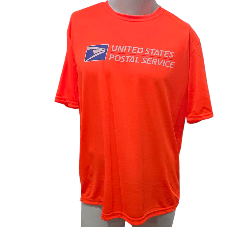 SCP Apparel bright orange moisture-wicking performance t-shirt with United States Postal Service logo on the chest