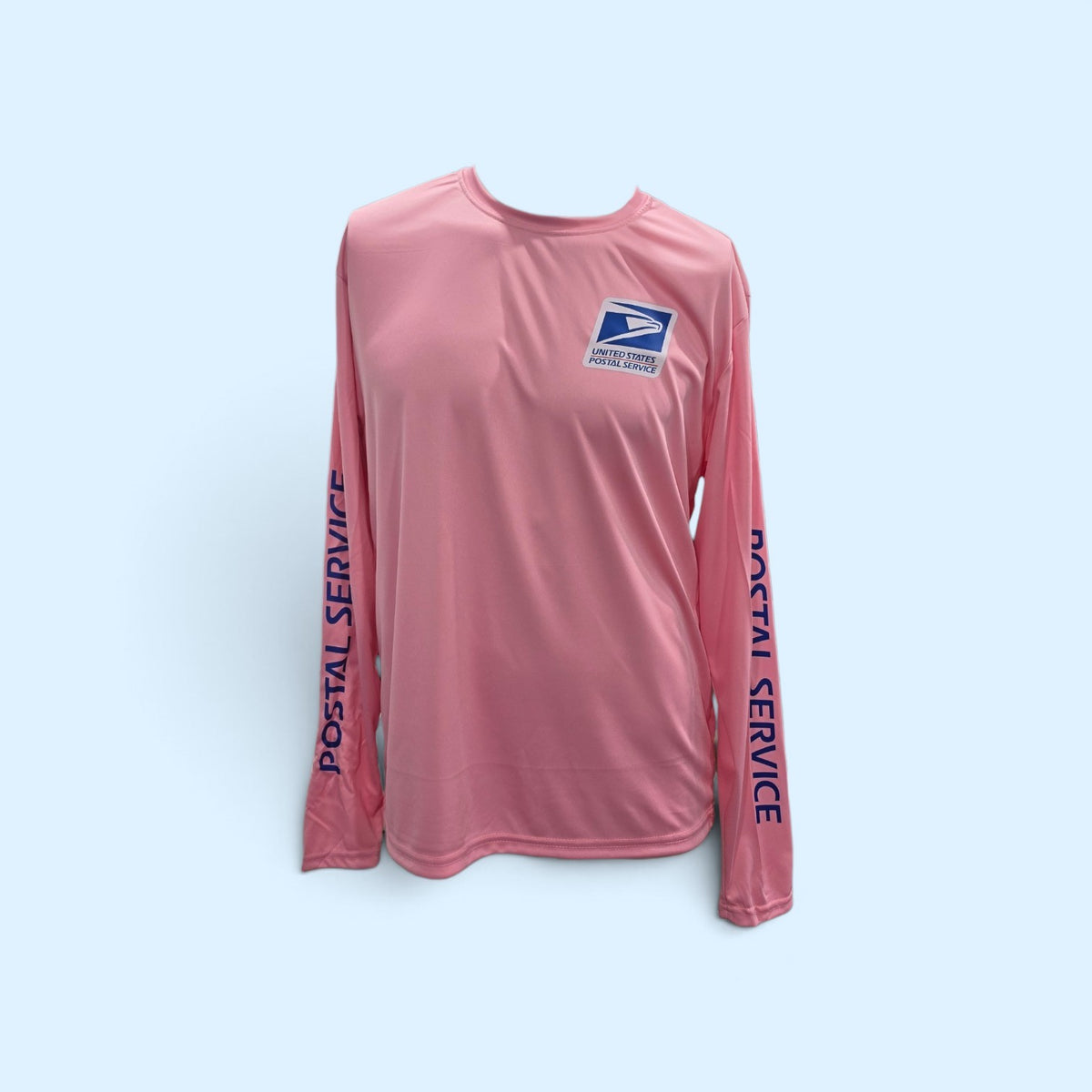 SCP Apparel pink long sleeve performance shirt with United States Postal Service logo and sleeve branding
