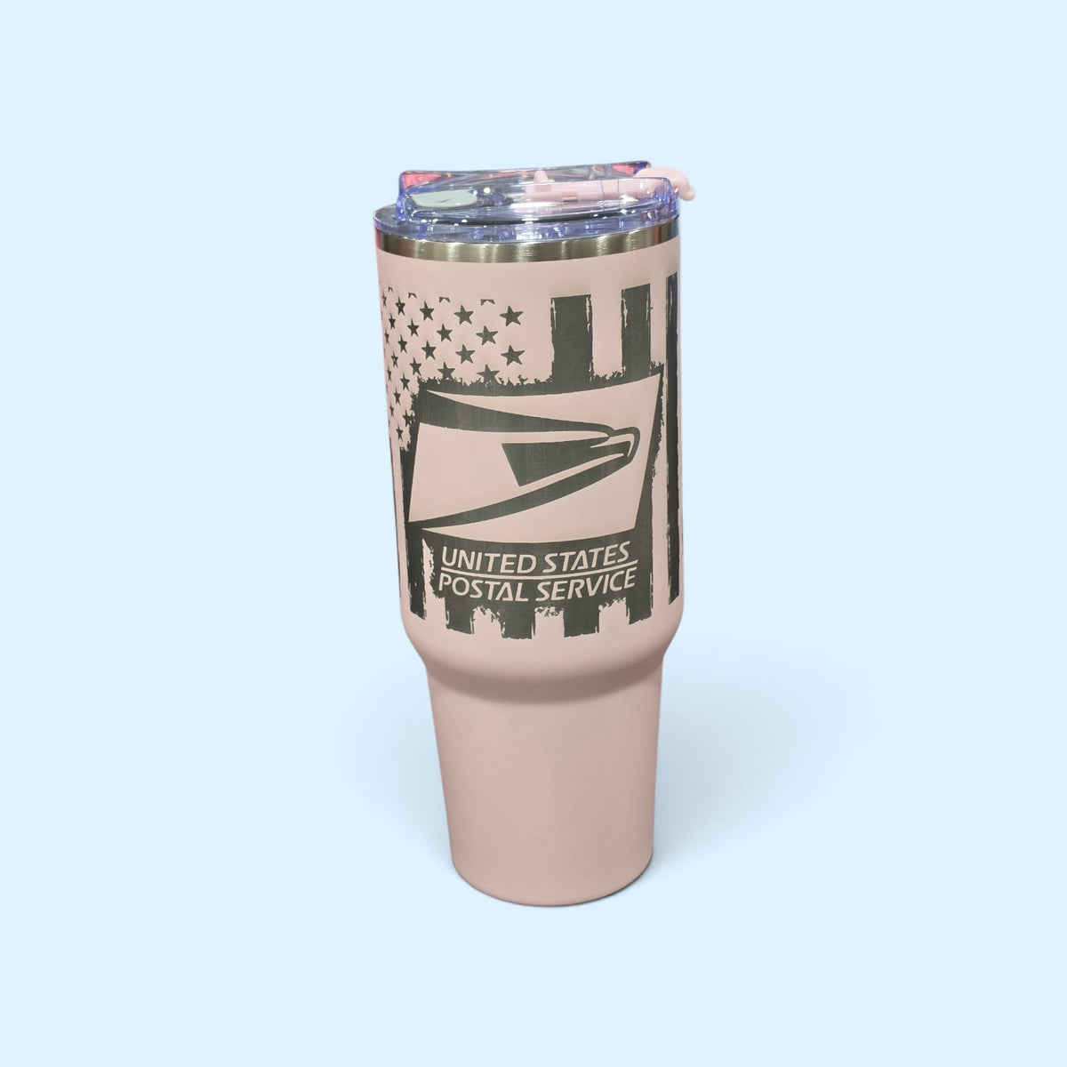 SCP Apparel 40-ounce pink stainless steel insulated tumbler with laser-etched United States Postal Service logo