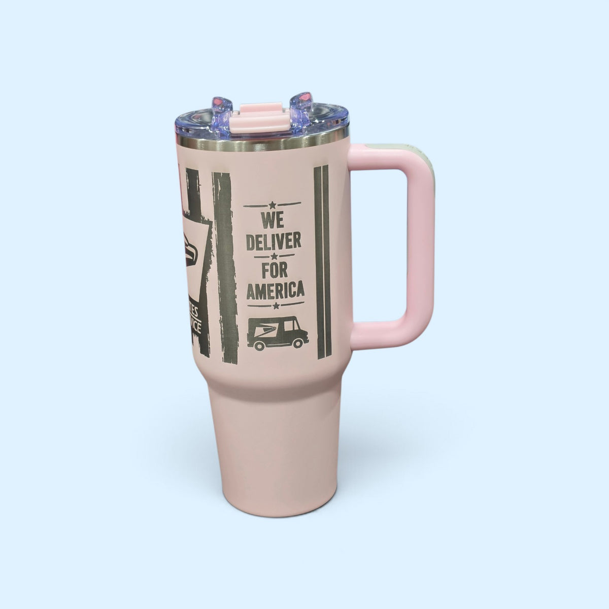 SCP Apparel 40-ounce pink stainless steel tumbler with USPS logo and We Deliver for America graphic and handle