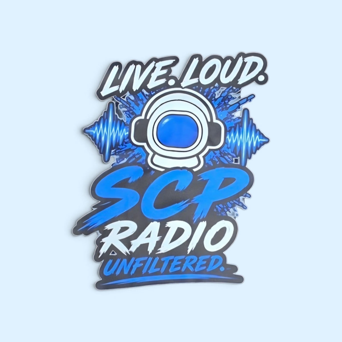 SCP Apparel Live Loud Radio Unfiltered graphic featuring a blue and white astronaut helmet and sound wave design