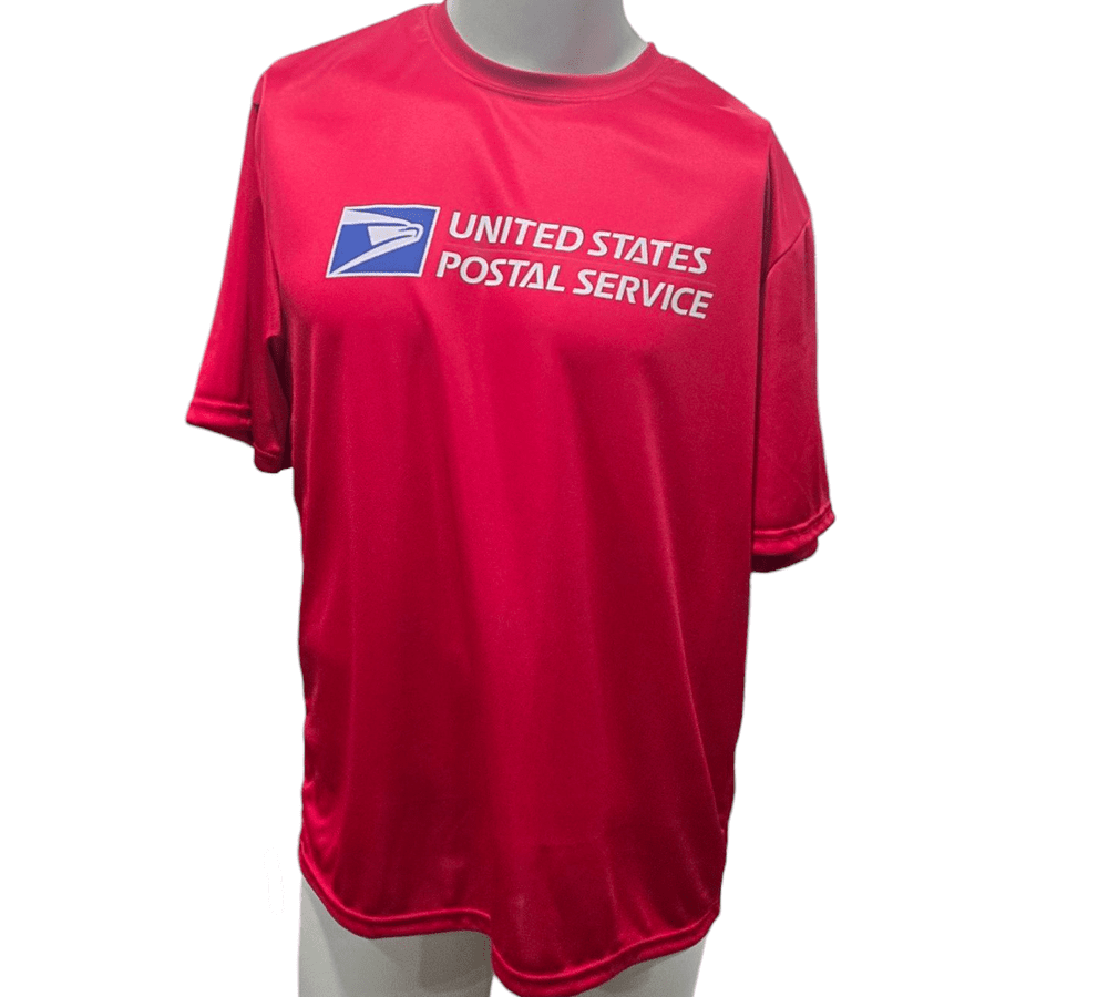 SCP Apparel red moisture-wicking performance t-shirt with United States Postal Service logo on the chest