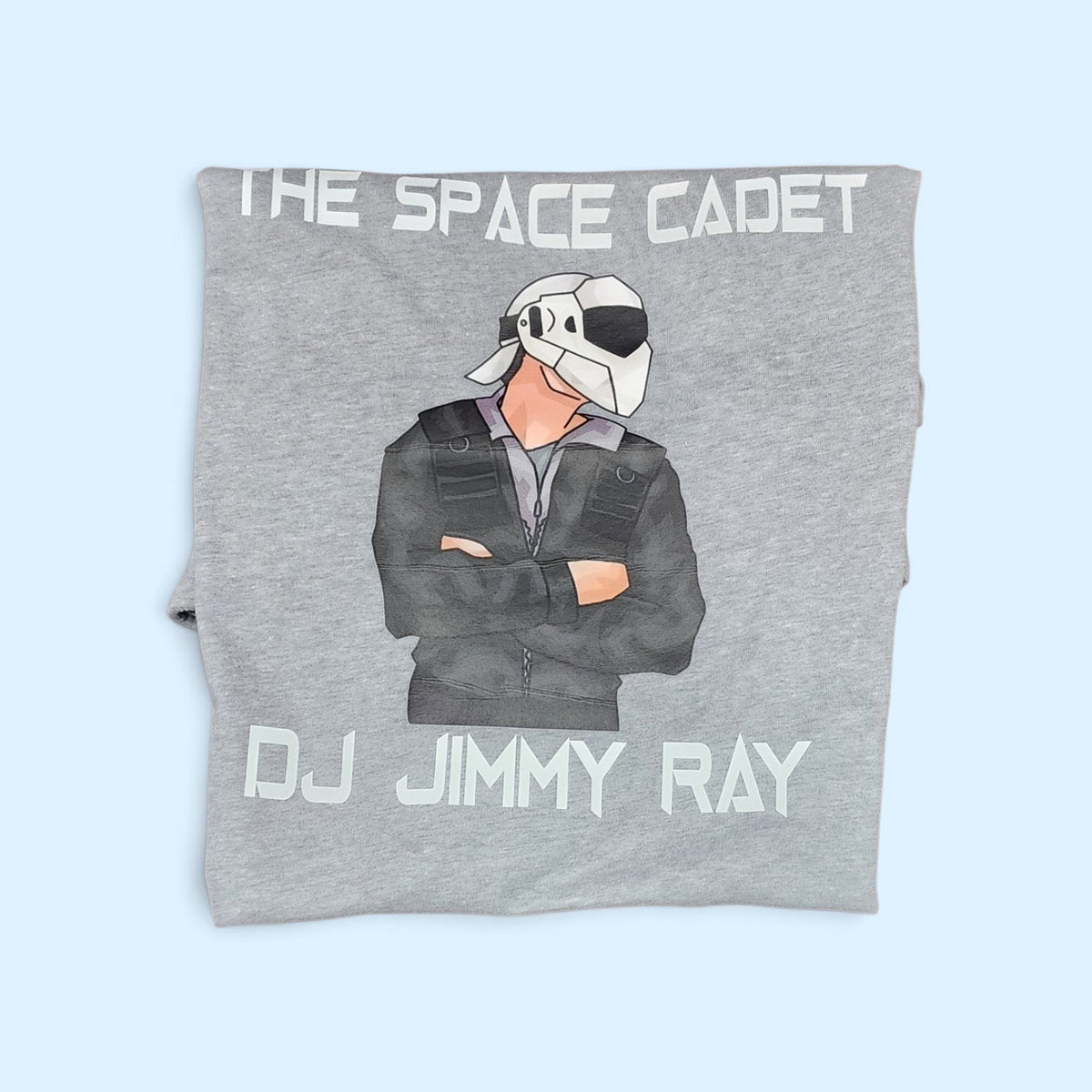 SCP Apparel heather grey cotton-blend crewneck t-shirt featuring The Space Cadet DJ Jimmy Ray sci-fi graphic print.