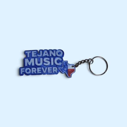 SCP Apparel Tejano Music Forever keychain with blue raised lettering and a Texas state flag silhouette charm