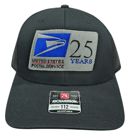 SCP Apparel black Richardson 112 trucker cap with a 25-year United States Postal Service embroidered patch