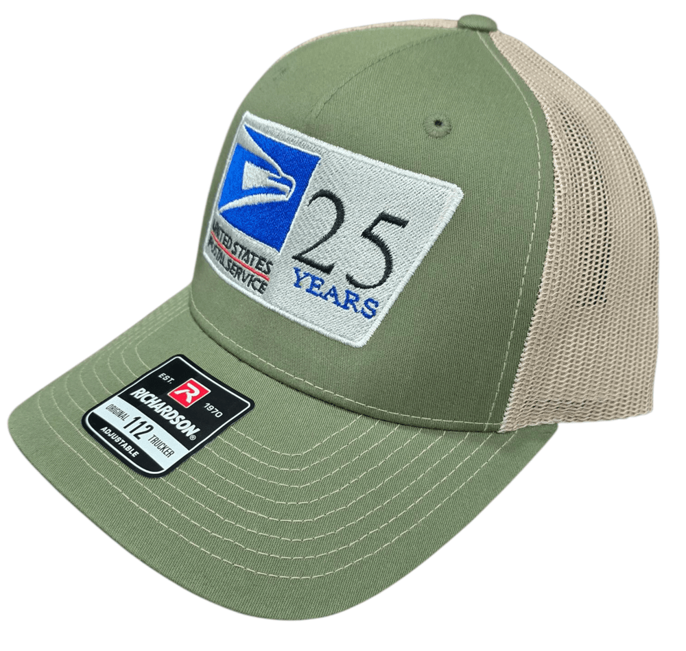 SCP Apparel olive green and tan mesh trucker cap with a 25-year USPS anniversary embroidered patch on the front.