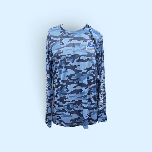 SCP Apparel blue camouflage long sleeve performance shirt with official United States Postal Service logo and branding