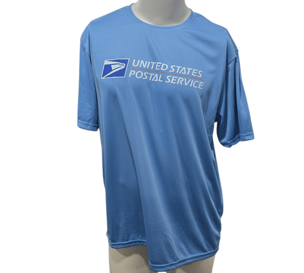 SCP Apparel light blue moisture-wicking performance t-shirt featuring the United States Postal Service logo on chest