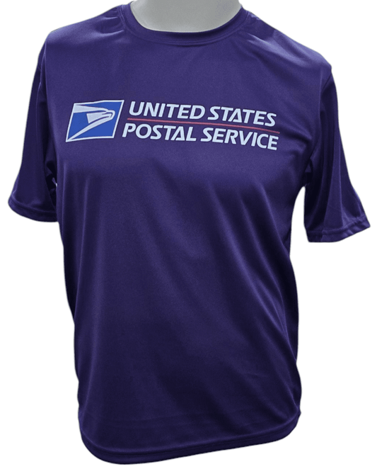 SCP Apparel navy blue moisture-wicking performance t-shirt with United States Postal Service logo on the chest