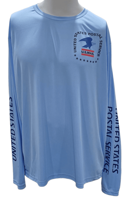 SCP Apparel light blue moisture-wicking long sleeve performance shirt with USPS logo on chest and sleeve lettering.