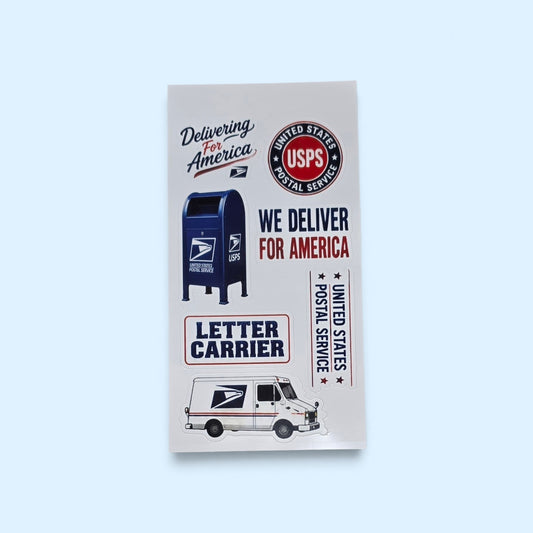 SCP Apparel United States Postal Service sticker sheet featuring a blue mailbox, mail truck, and patriotic logos.