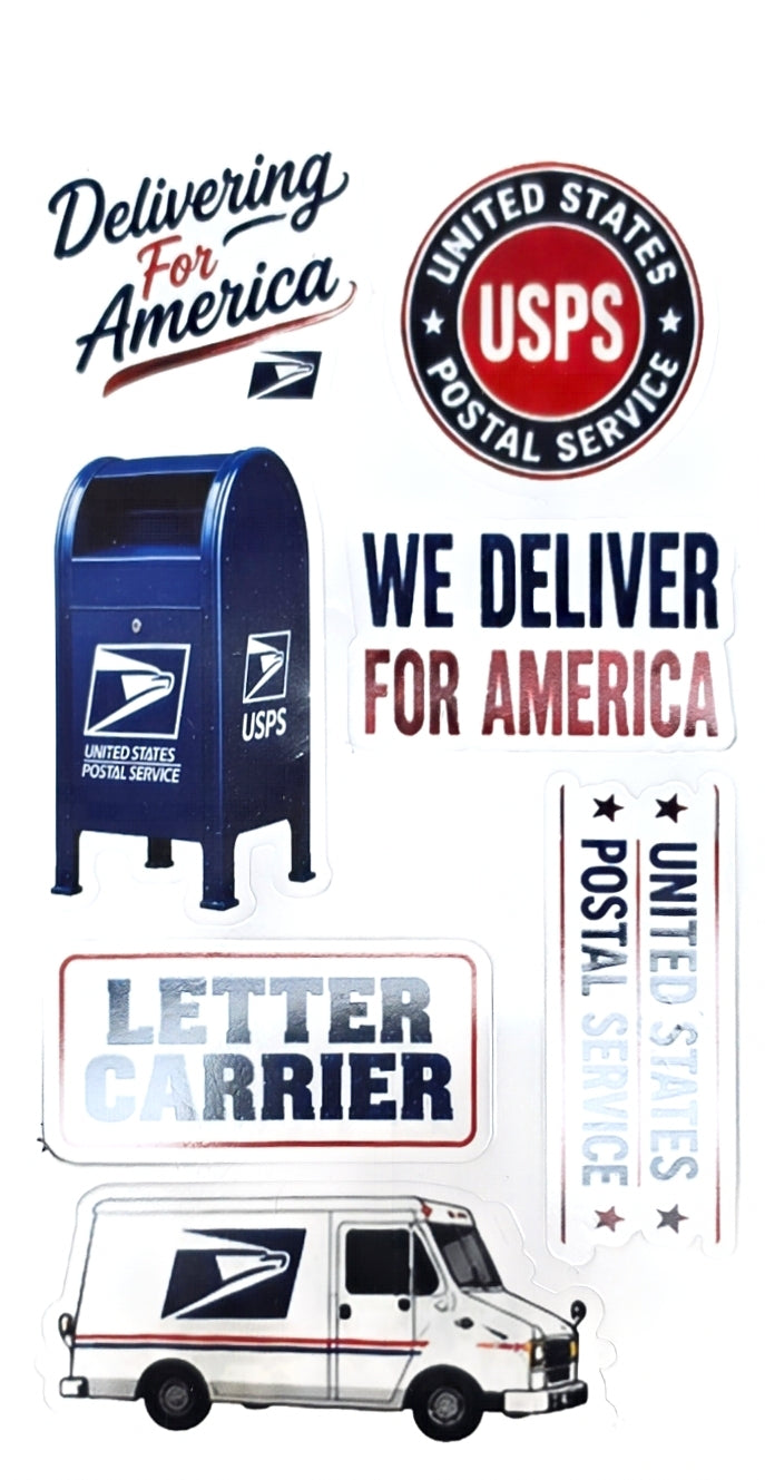SCP Apparel United States Postal Service sticker sheet featuring iconic mail truck, blue collection box, and logos.