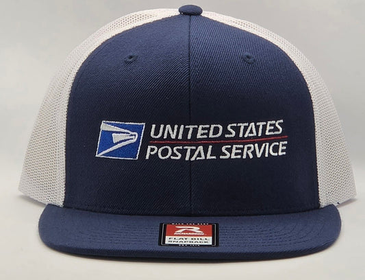 SCP Apparel navy blue and white mesh back trucker hat with embroidered United States Postal Service logo and flat bill