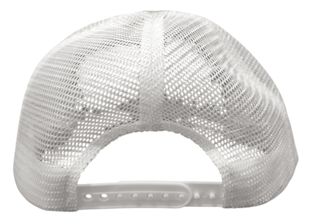 SCP Apparel white mesh trucker hat back view with adjustable snapback closure